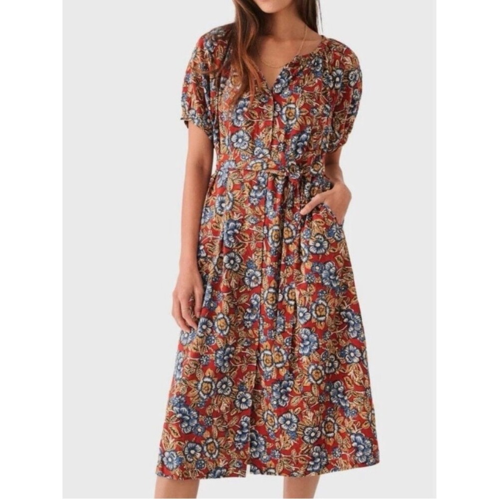 Faherty Carmel Linen Midi Dress Waist Tie Pockets in Red Desert Blossom Size XS - Picture 12 of 12